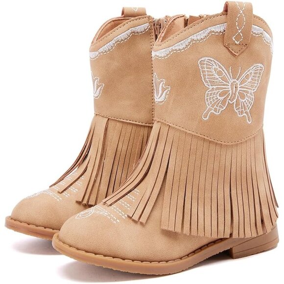 ⚡Girls 3-Camel Microfiber Little Kids Mid Calf Western Pointed Toe Riding Boots - Picture 1 of 6